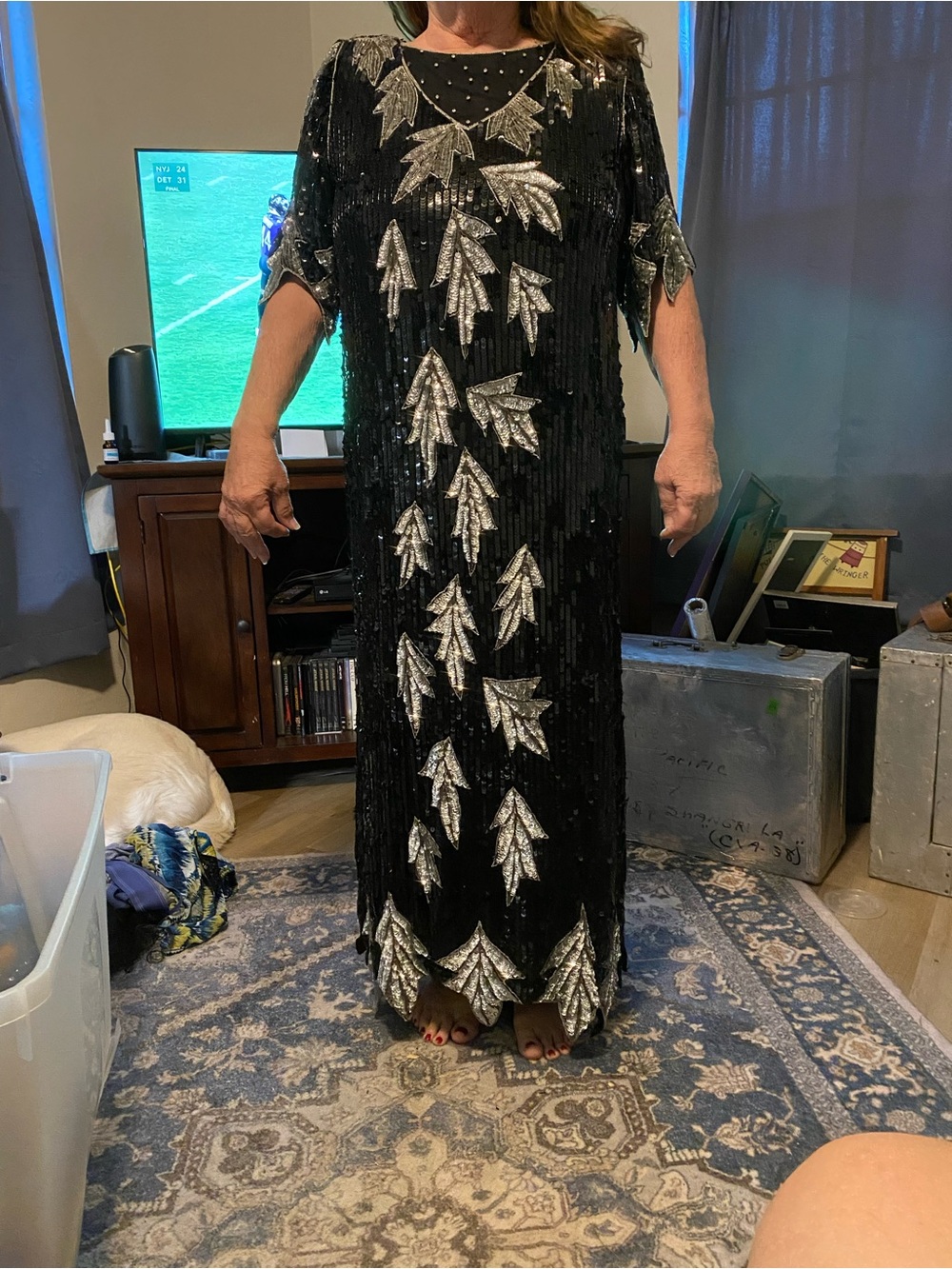 Black Sequin Evening Dress with Silver Leaf Accents